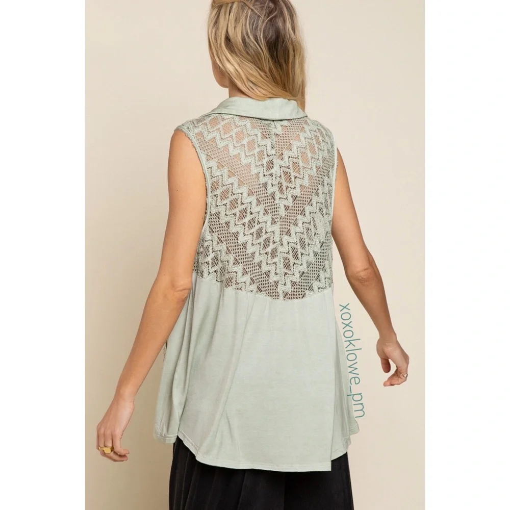 POL Green Pintuck Lace Button Down Top Sleeveless Relaxed Fit - Picture 4 of 11